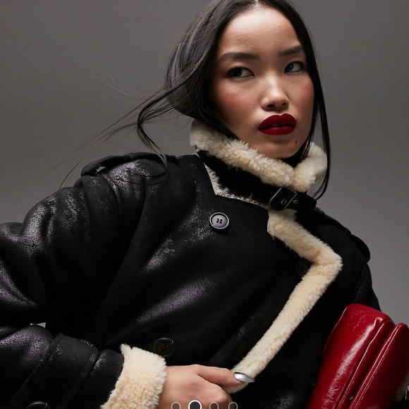 Top Shop Sherpa Leather Long Coat - Picture 2 of 5